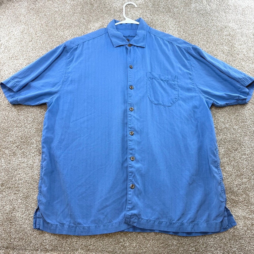 Tommy Bahama Mens XL Blue 100% Silk Short Sleeve Textured Camp Shirt Tropical
